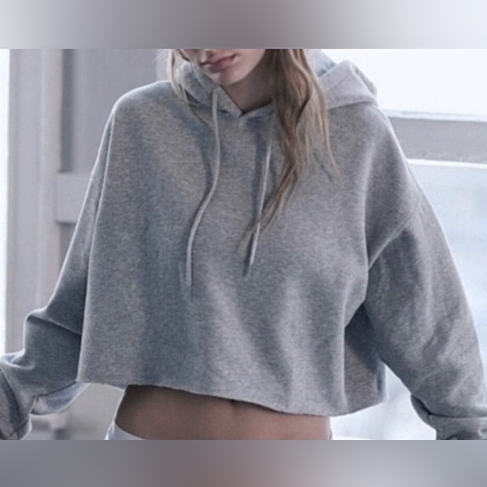 Brandy Melville Hoodie Cropped Cotton Raw Hem in Grey Color One Size Fit All O/S